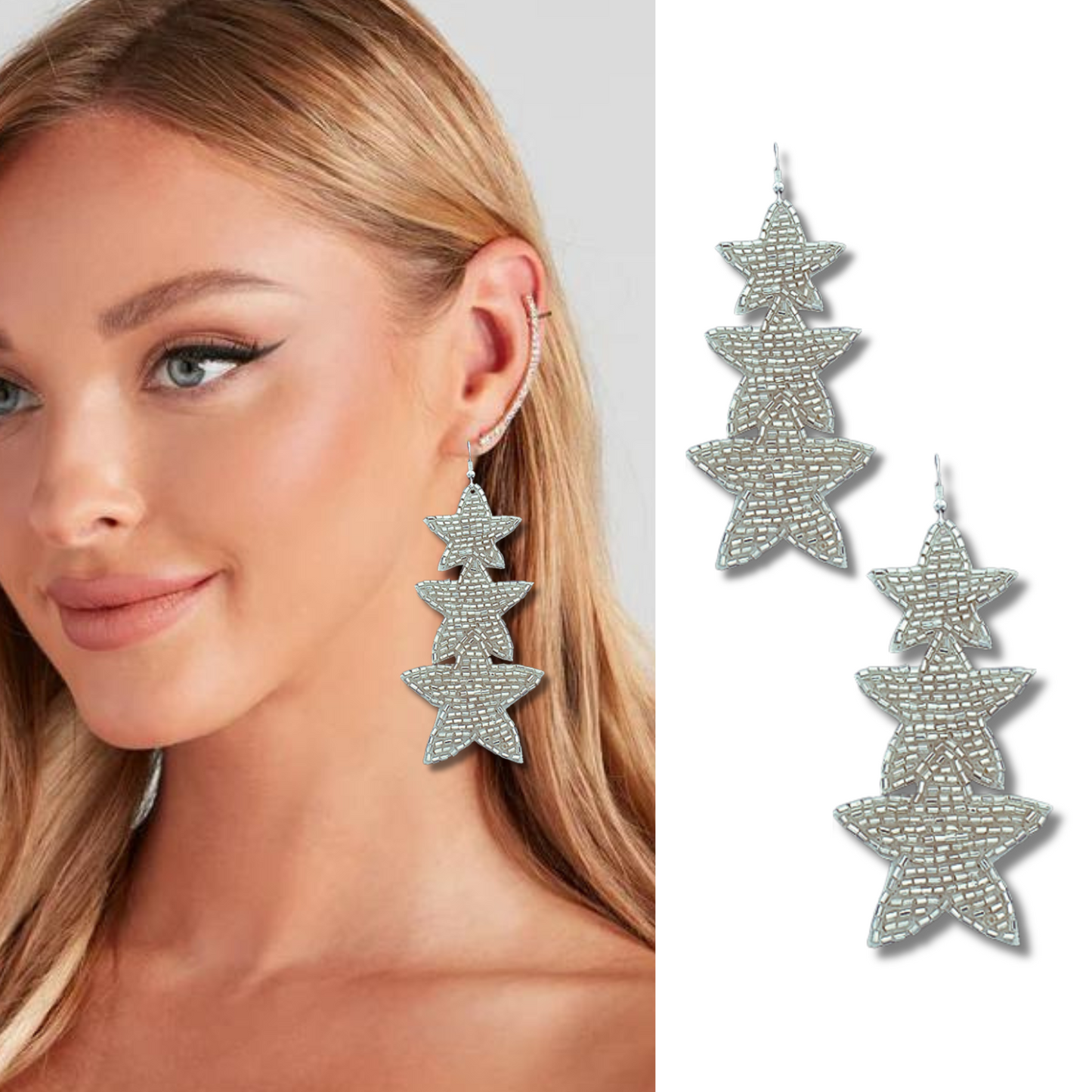 Glass Sparkle Beaded Triple Star Celestial Earrings