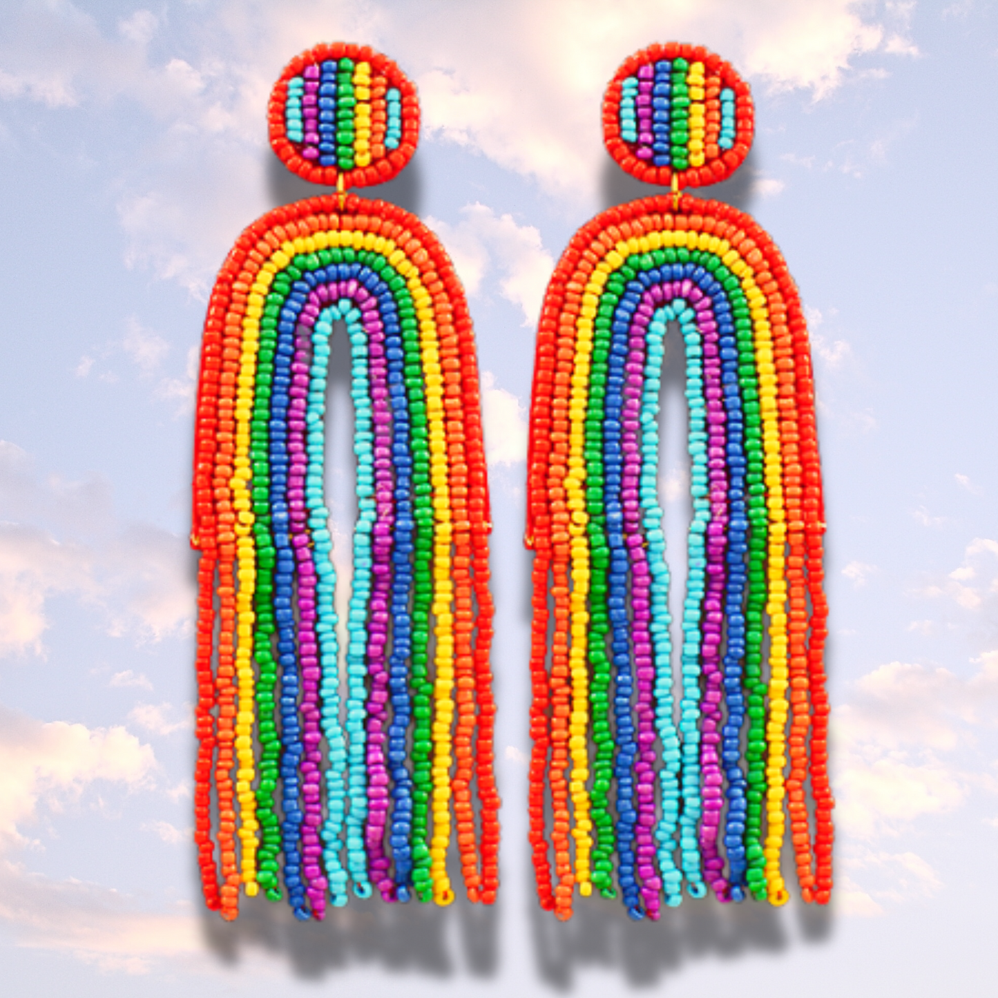 Long Rainbow Seed Beaded Tassel Statement Earrings