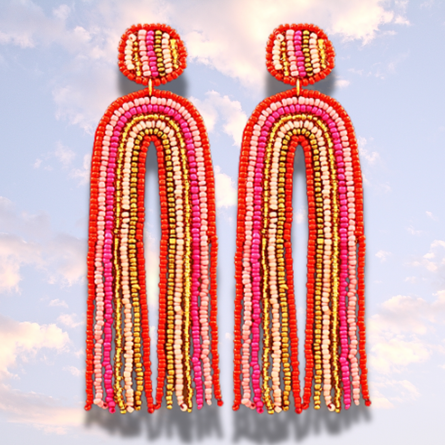 Long Rainbow Seed Beaded Tassel Statement Earrings