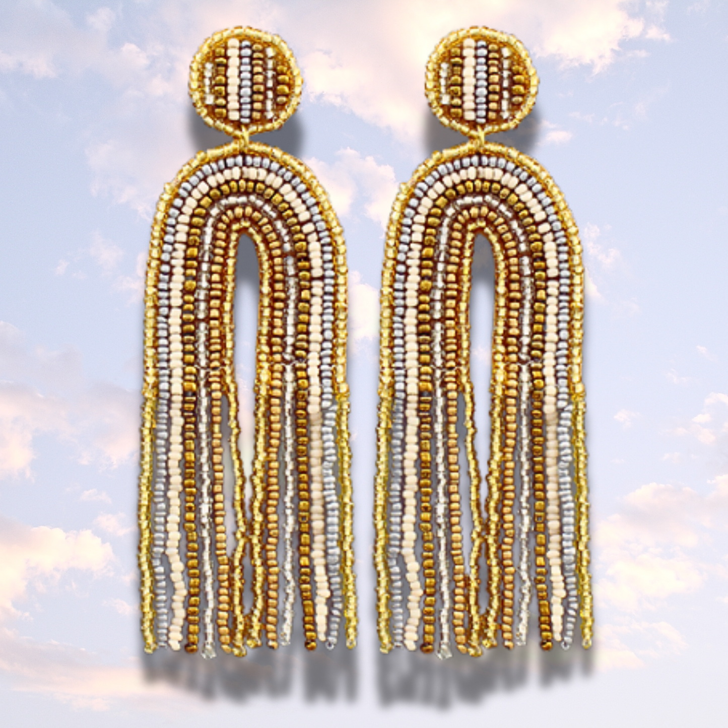 Long Rainbow Seed Beaded Tassel Statement Earrings