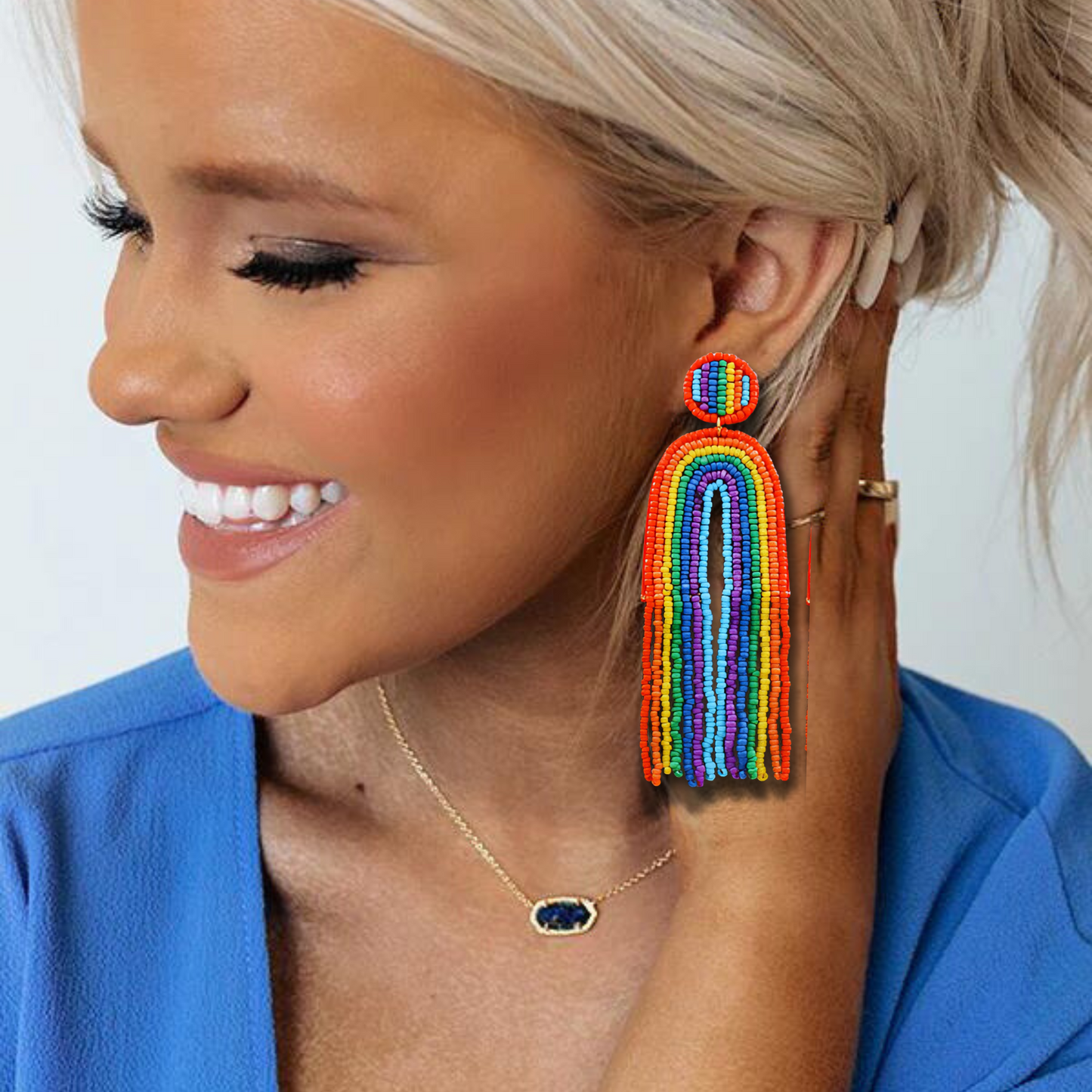 Long Rainbow Seed Beaded Tassel Statement Earrings