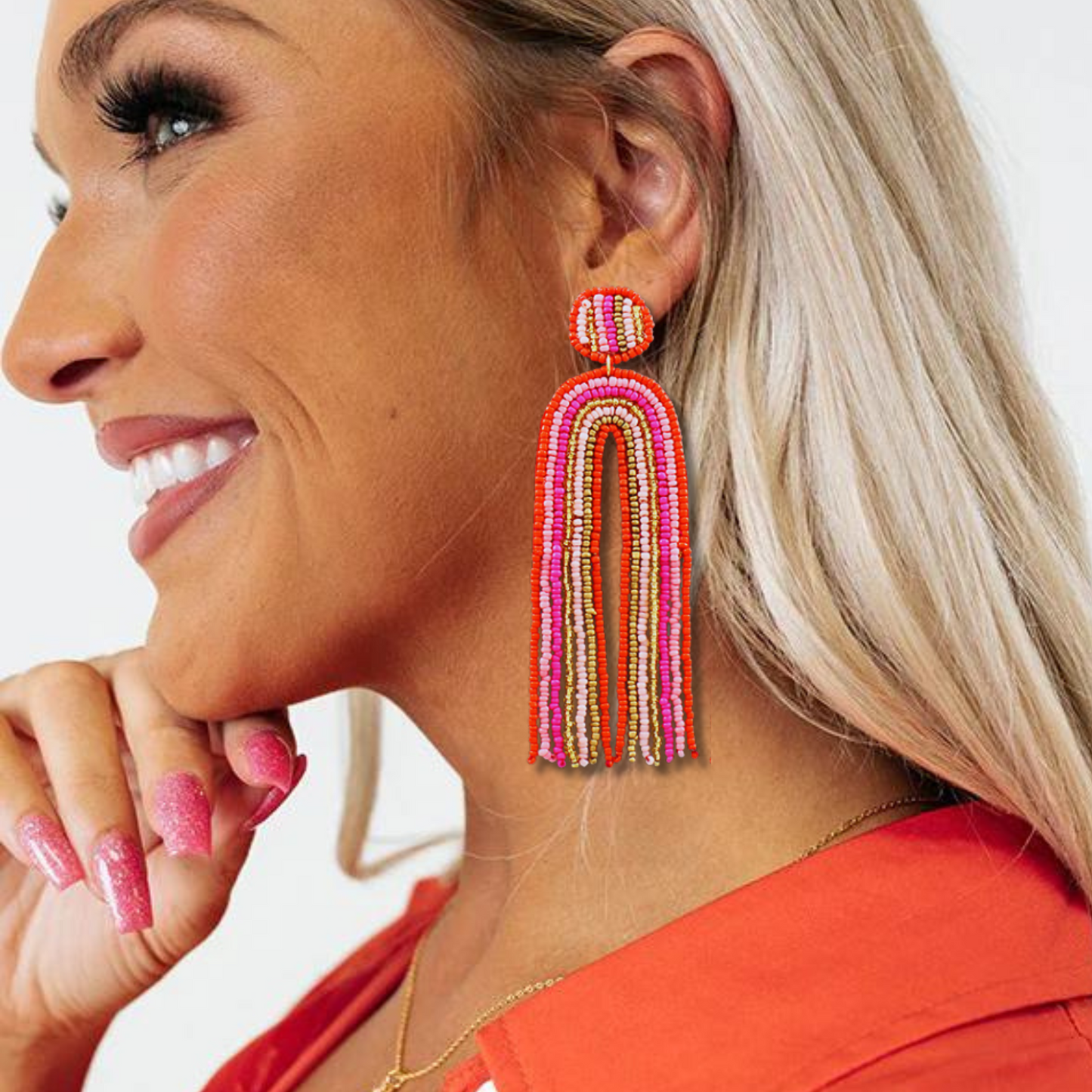 Long Rainbow Seed Beaded Tassel Statement Earrings