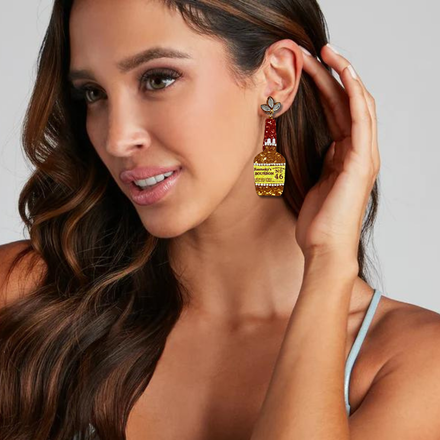 Bourbon Brand Bottle Vegan Leather Glitter Earrings