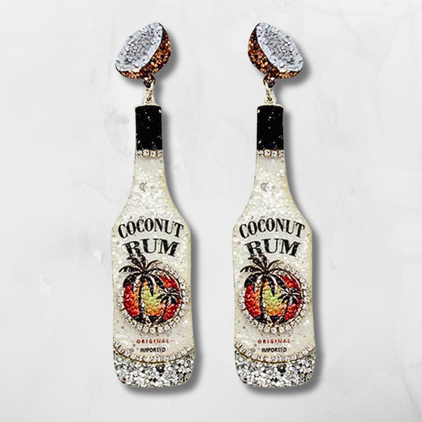 Coconut Rum Brand Bottle Leather Glitter Earrings