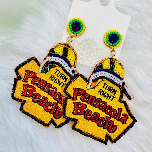 Pensacola Beach Marlin Mardi Gras Sign Bead Earrings