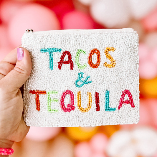 TACOS AND TEQUILA Seed Beaded Coin Money Storage Pouch