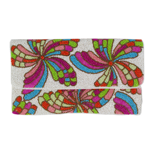 Retro Pinwheel White Beaded Crossbody Clutch Handbag