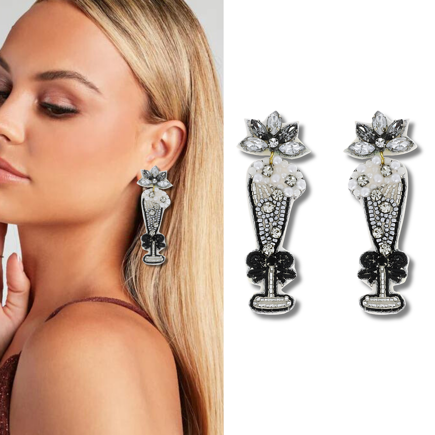 Raise A Toast Champagne Flute Pearl Beaded Crystal Earrings
