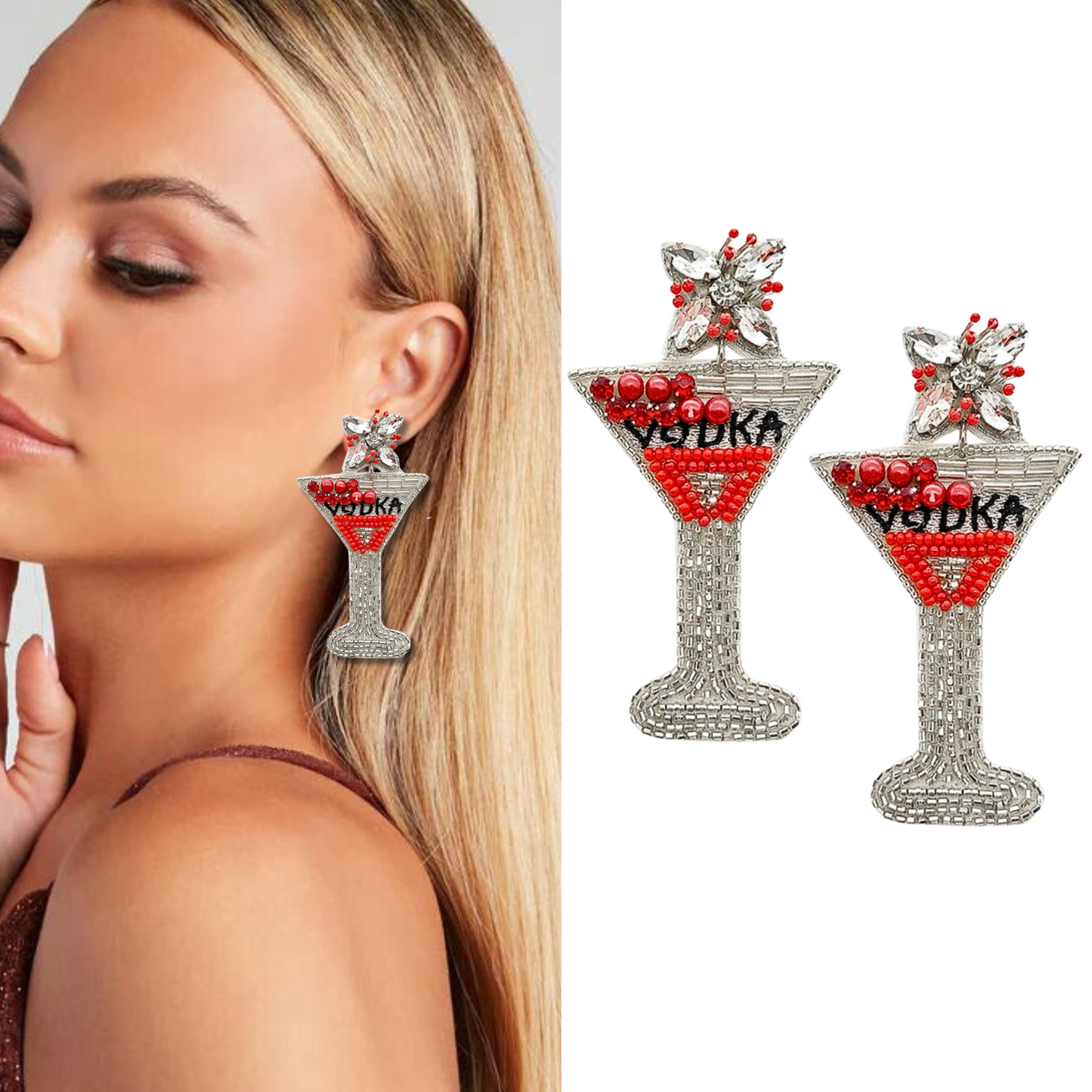 Vodka Martini Crystal Seed Beaded Party Earrings