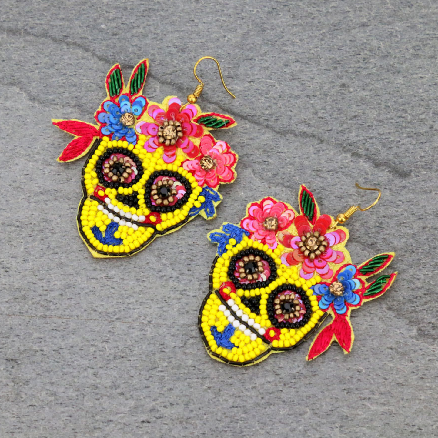 Mardi Gras Beaded Yellow Sugar Skull Earrings