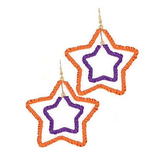 Clemson Tigers College Football Raffia Orange Purple Star Earrings