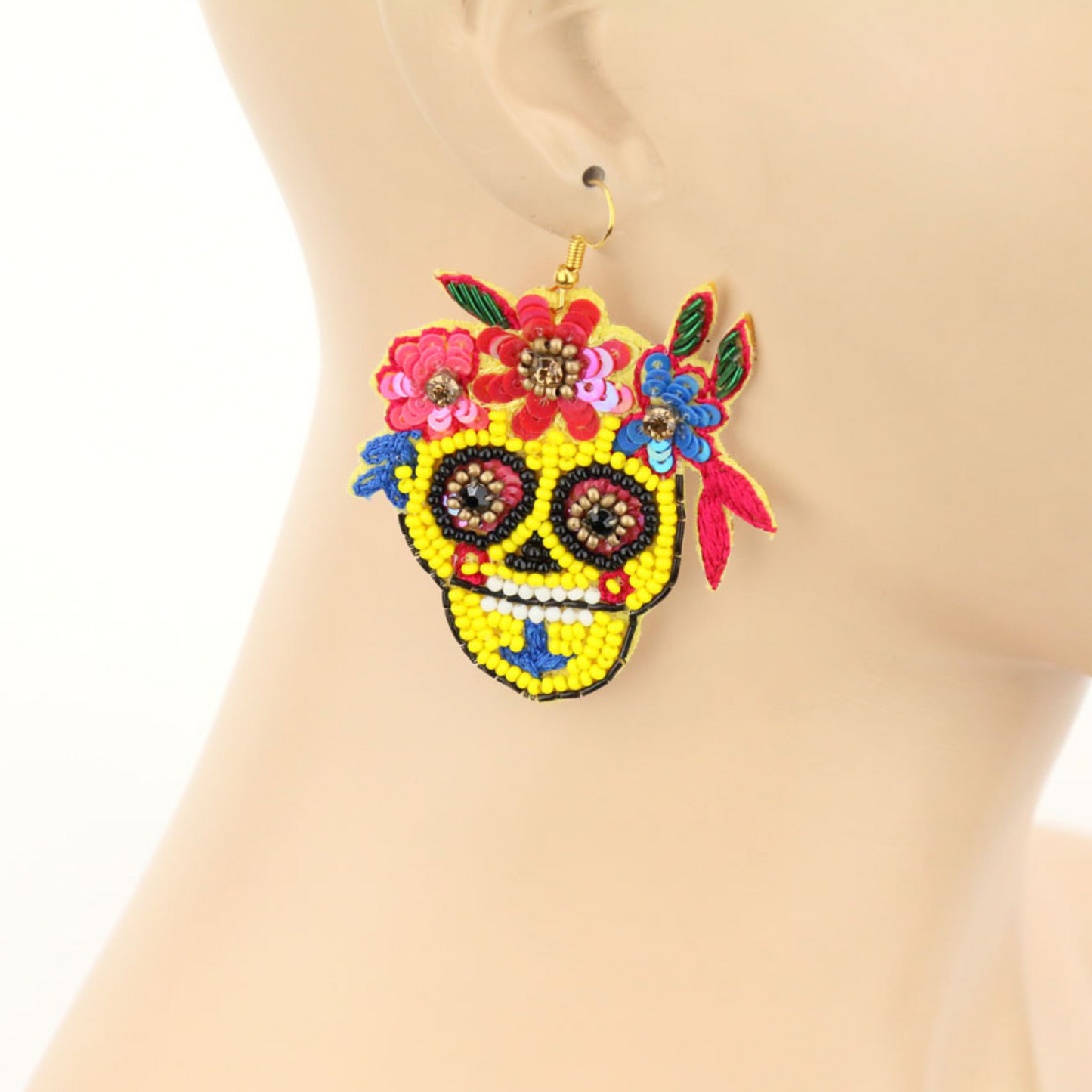 Mardi Gras Beaded Yellow Sugar Skull Earrings