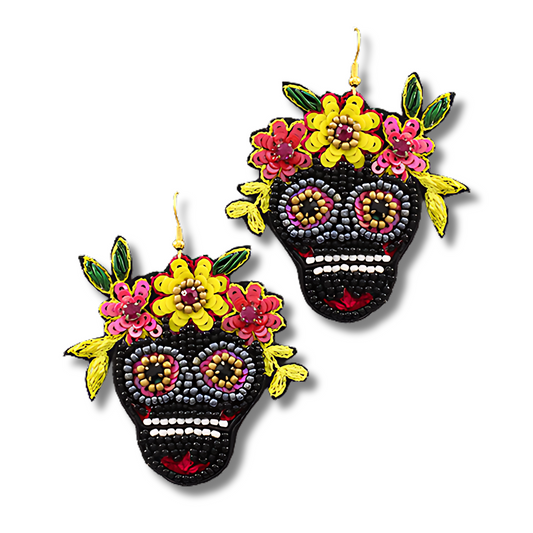 Mardi Gras Beaded Black Sugar Skull Earrings