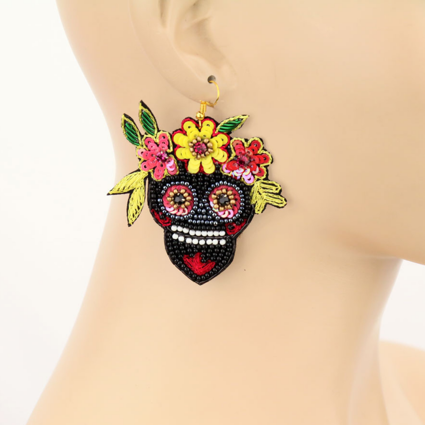 Mardi Gras Beaded Black Sugar Skull Earrings