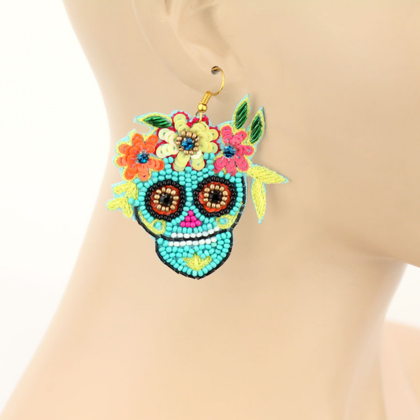 Mardi Gras Beaded Turquoise Sugar Skull Earrings