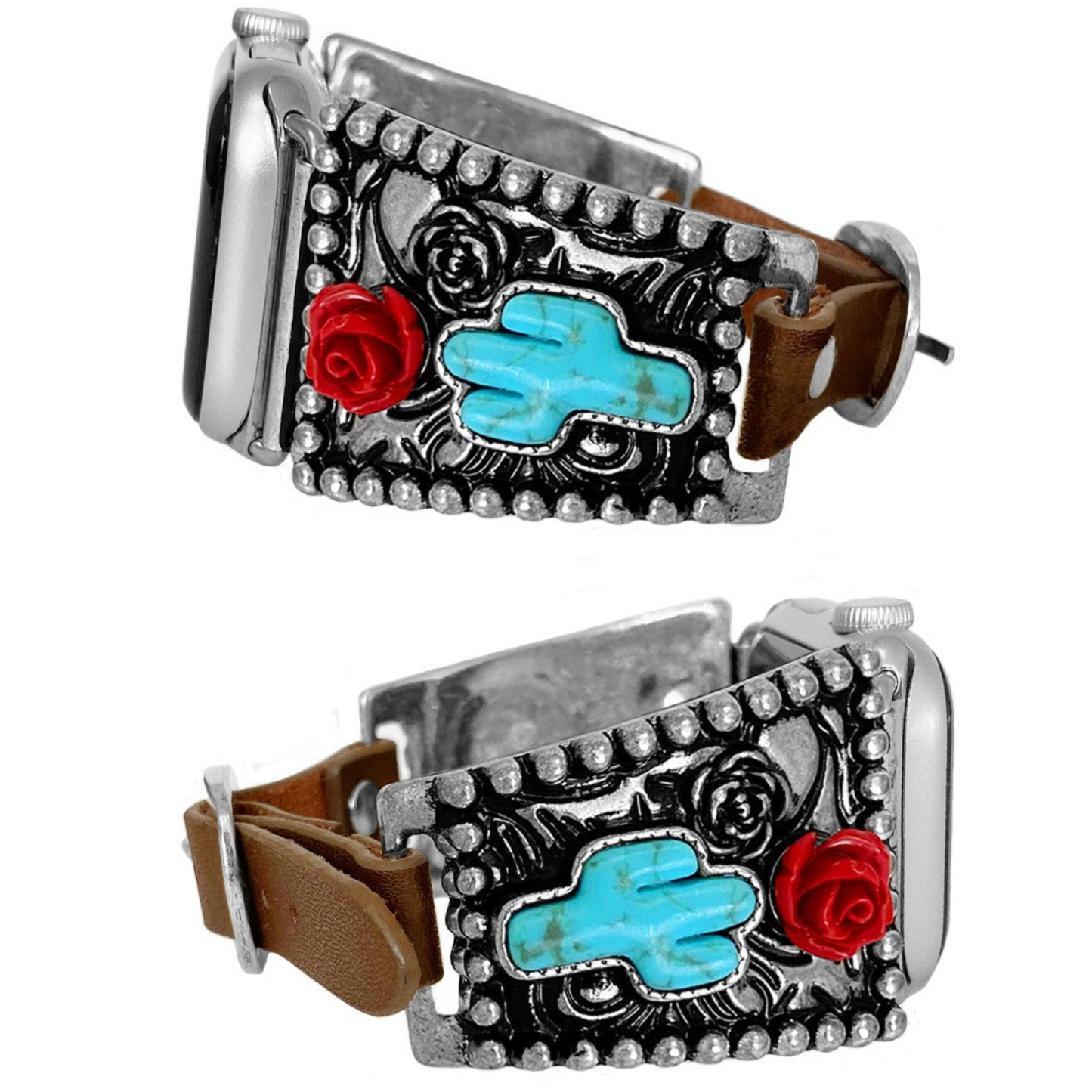 Western Rose Boho APPLE WATCH Leather Turquoise Cactus Watch Band