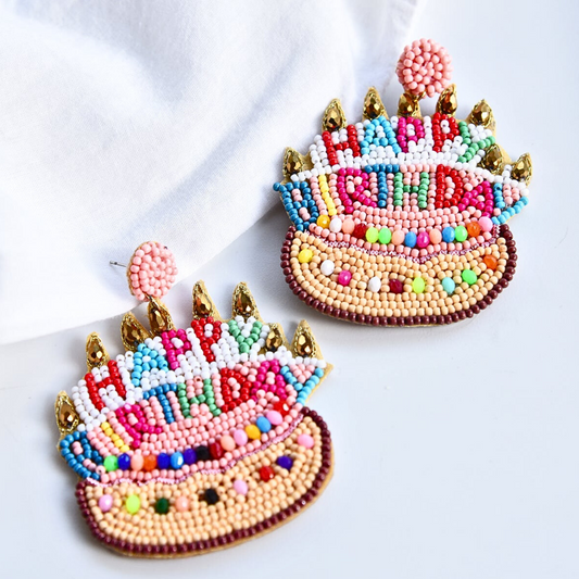 Happy Birthday Layer Cake Celebration Beaded Rhinestone Earrings