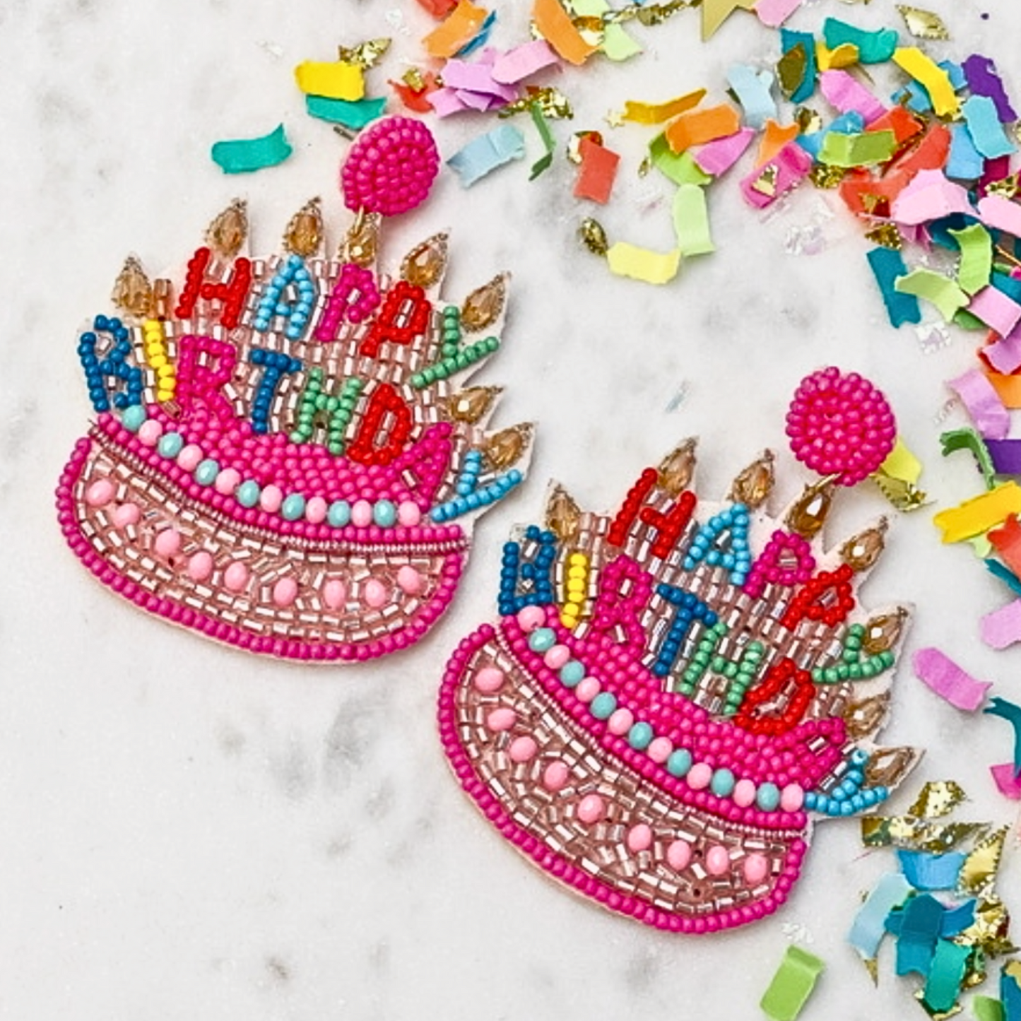 Happy Birthday Layer Cake Celebration Beaded Rhinestone Earrings