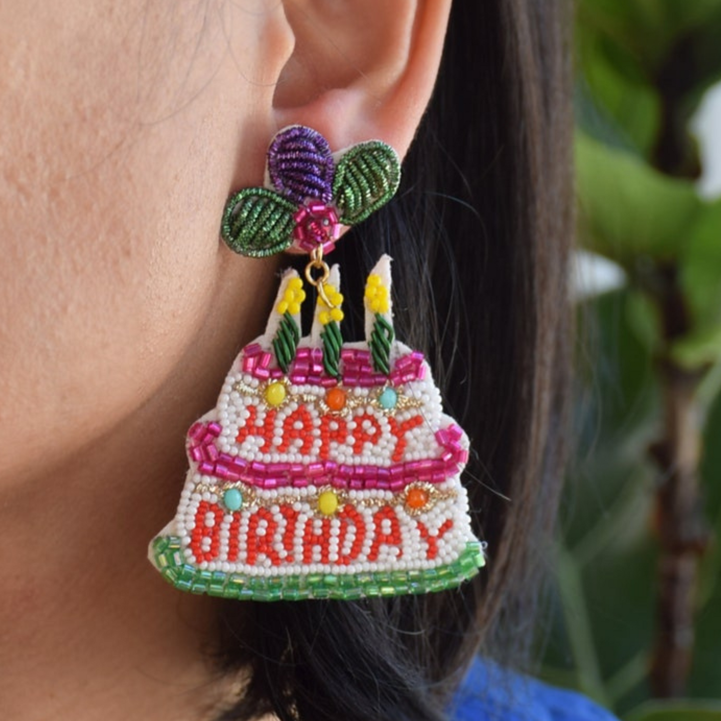 HAPPY BIRTHDAY Cake Celebration Beaded Rhinestone Earrings