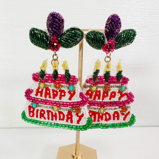 HAPPY BIRTHDAY Cake Celebration Beaded Rhinestone Earrings