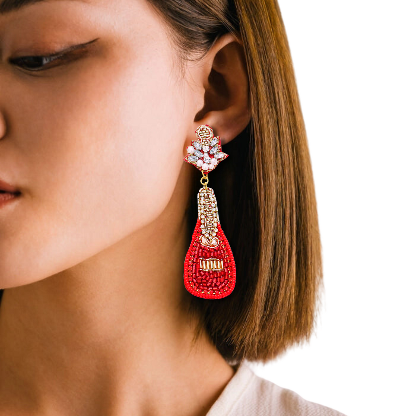 Red Crystal Beaded Champagne Bottle Party Earrings