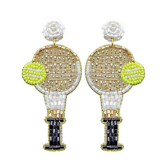 TENNIS Theme Seed Beaded White Racket Earrings
