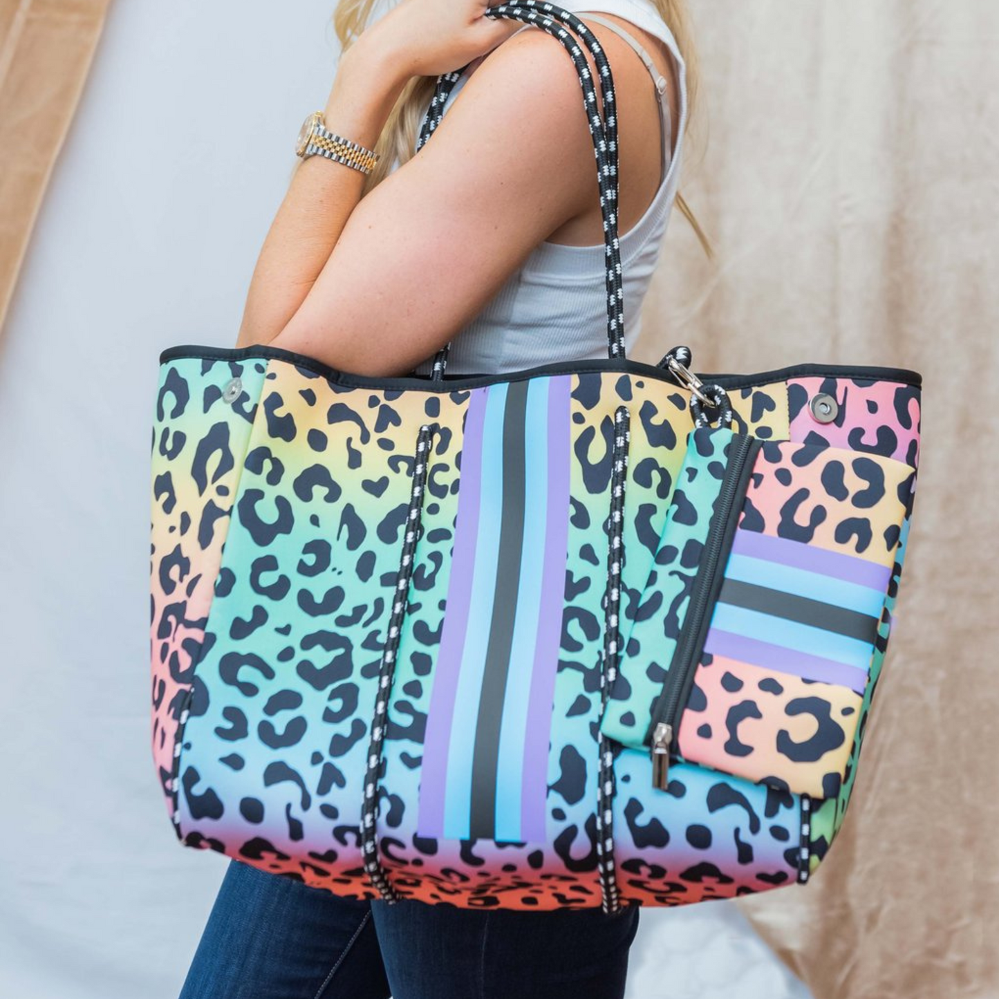 Rainbow Leopard Oversized Tote Bag with Storage Pouch