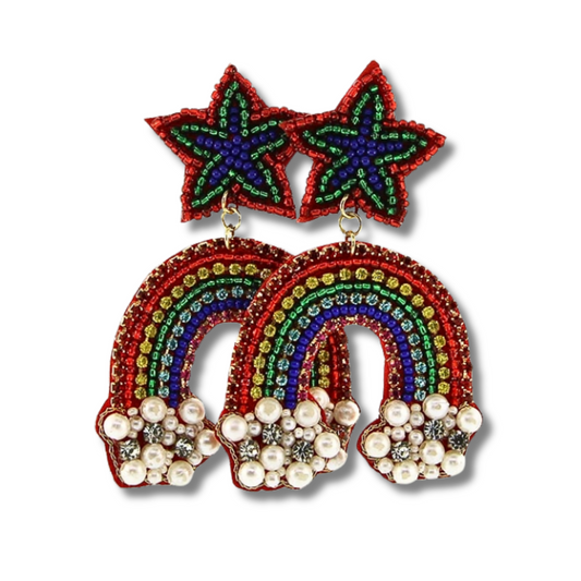 Star Rainbow Beaded Dangle Statement Earrings