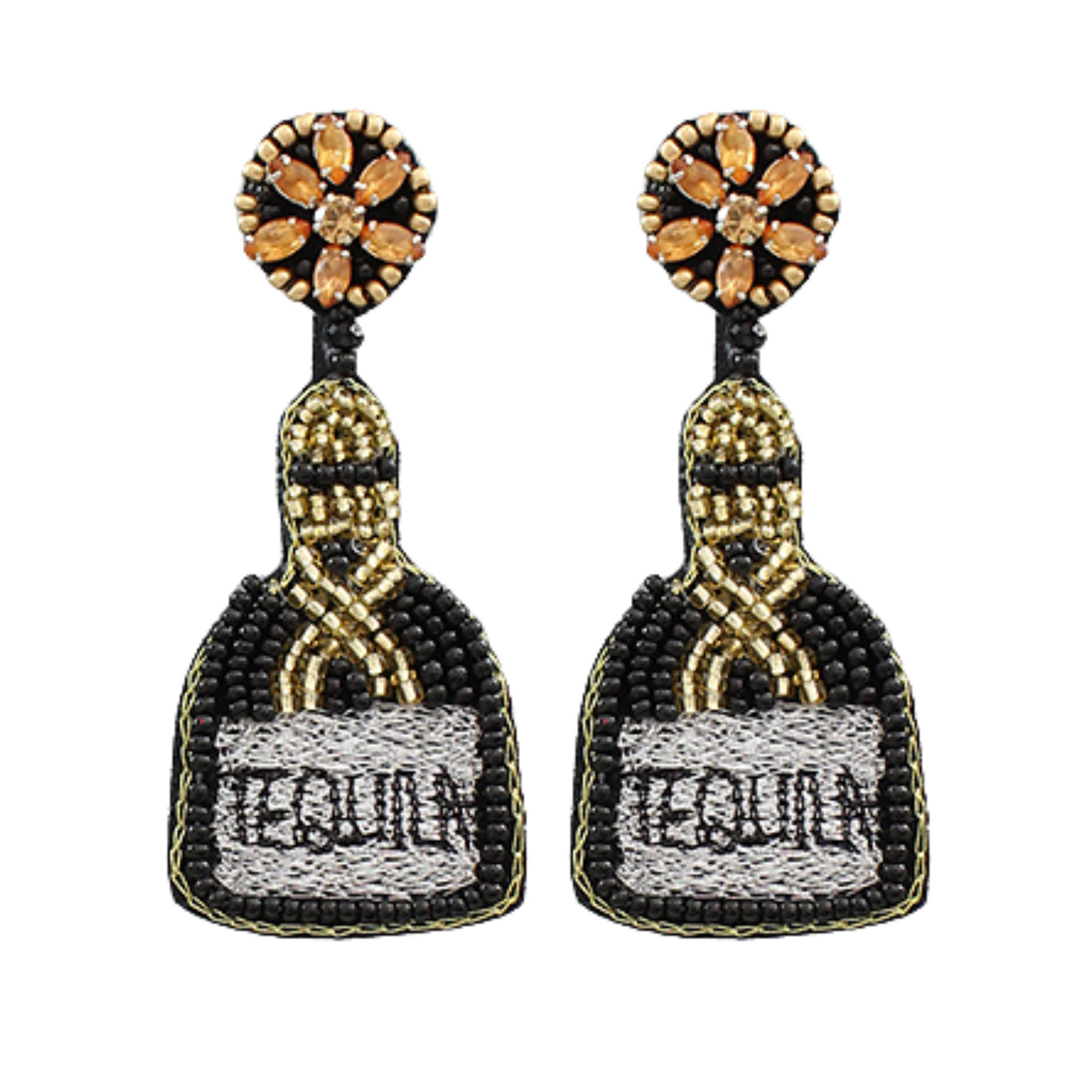Iconic Brand Tequila Bottle Crystal Seed Beaded Earrings
