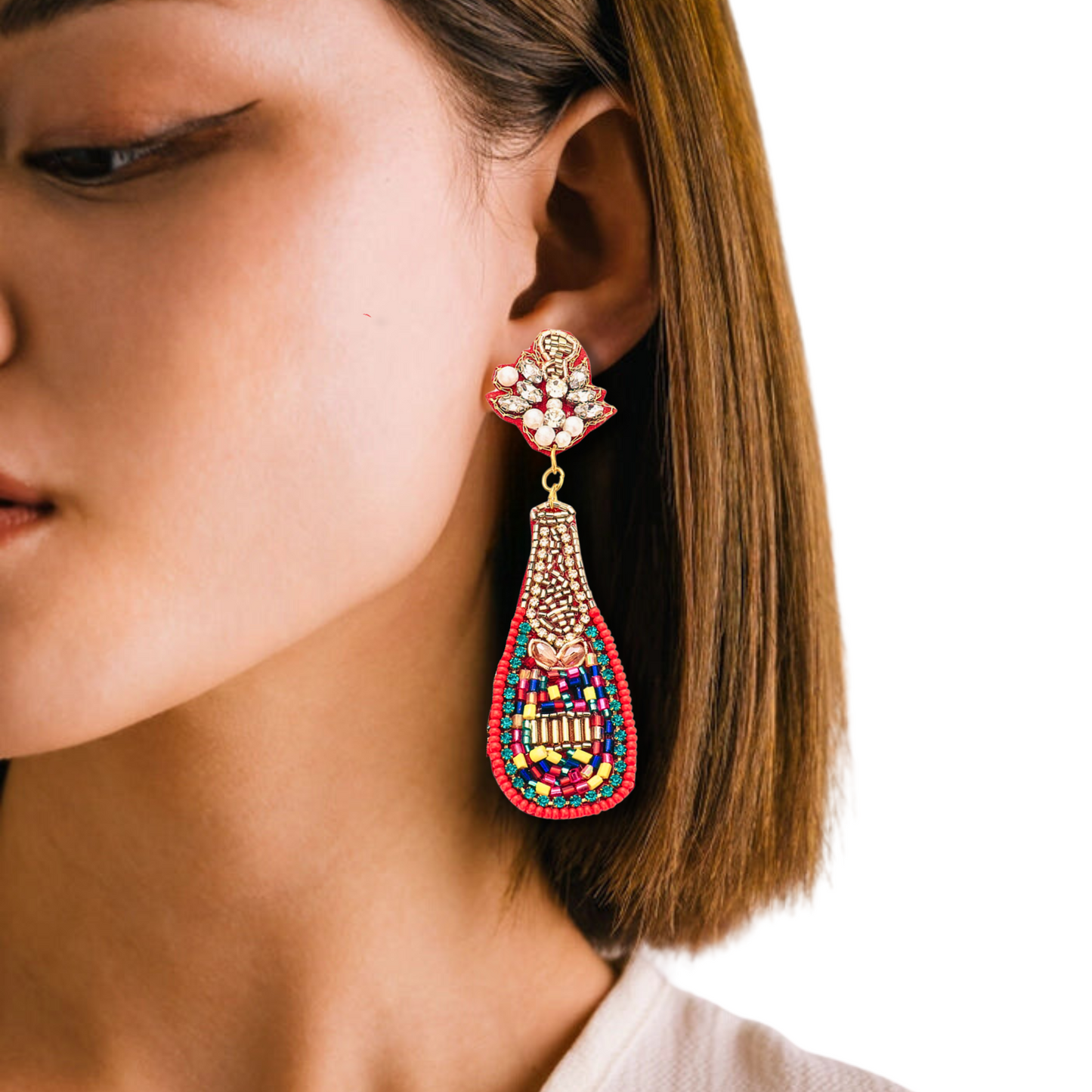 Confetti Crystal Beaded Champagne Bottle Party Earrings