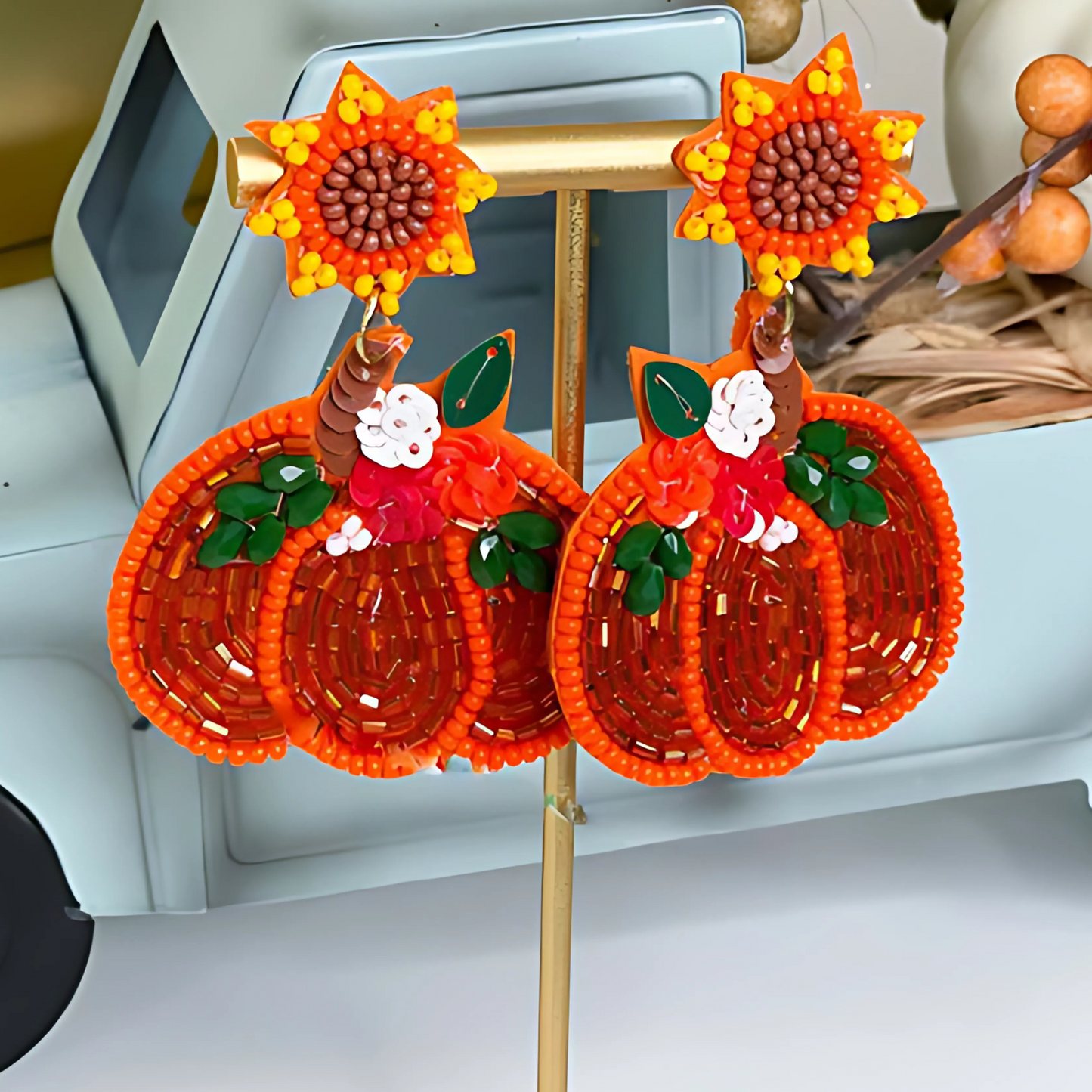 Sunflower Sparkle Floral Pumpkin Beaded Earrings