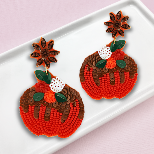 Sunflower Bouquet Floral Pumpkin Beaded Earrings