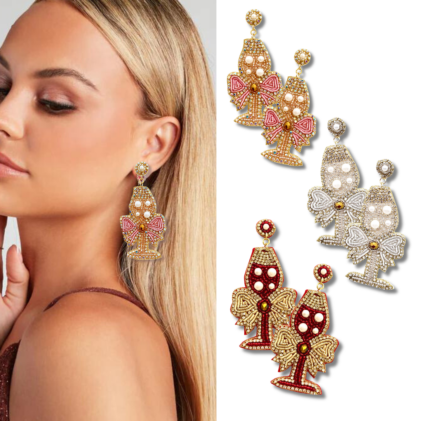 Champagne Flute Pearl Seed Beaded Crystal Earrings