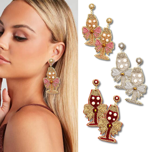 Champagne Flute Pearl Seed Beaded Crystal Earrings