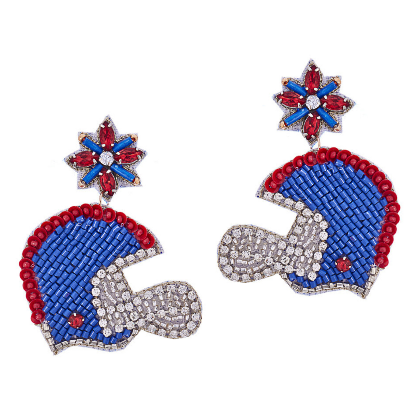 Red Blue Football Team Colors Beaded Crystal Helmet Earrings