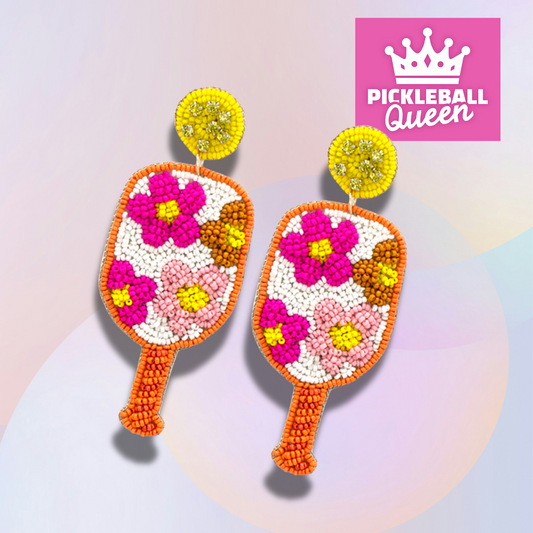 Pickleball Queen Seed Beaded Pink Paddle Earrings