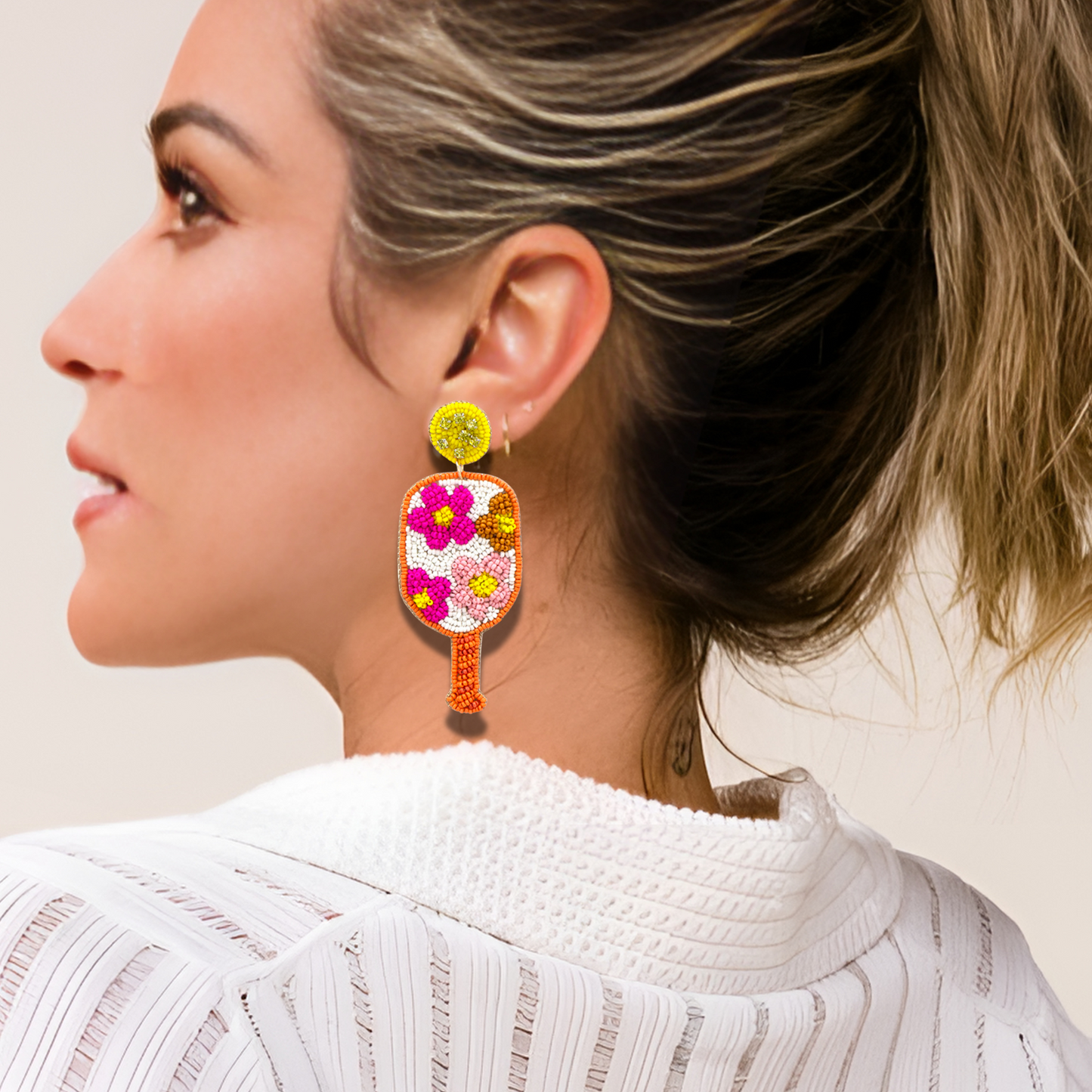 Pickleball Queen Seed Beaded Pink Paddle Earrings