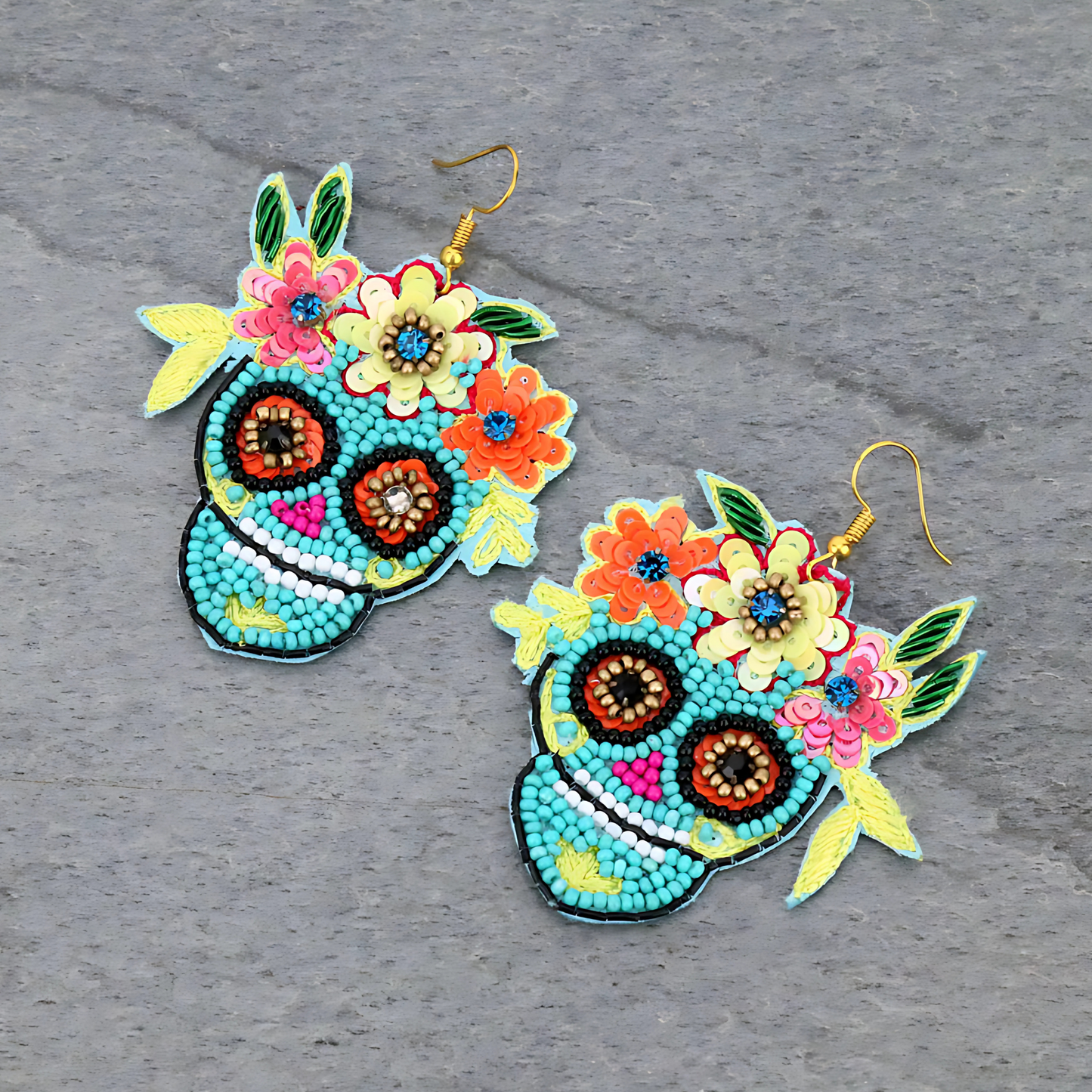 Mardi Gras Beaded Turquoise Sugar Skull Earrings
