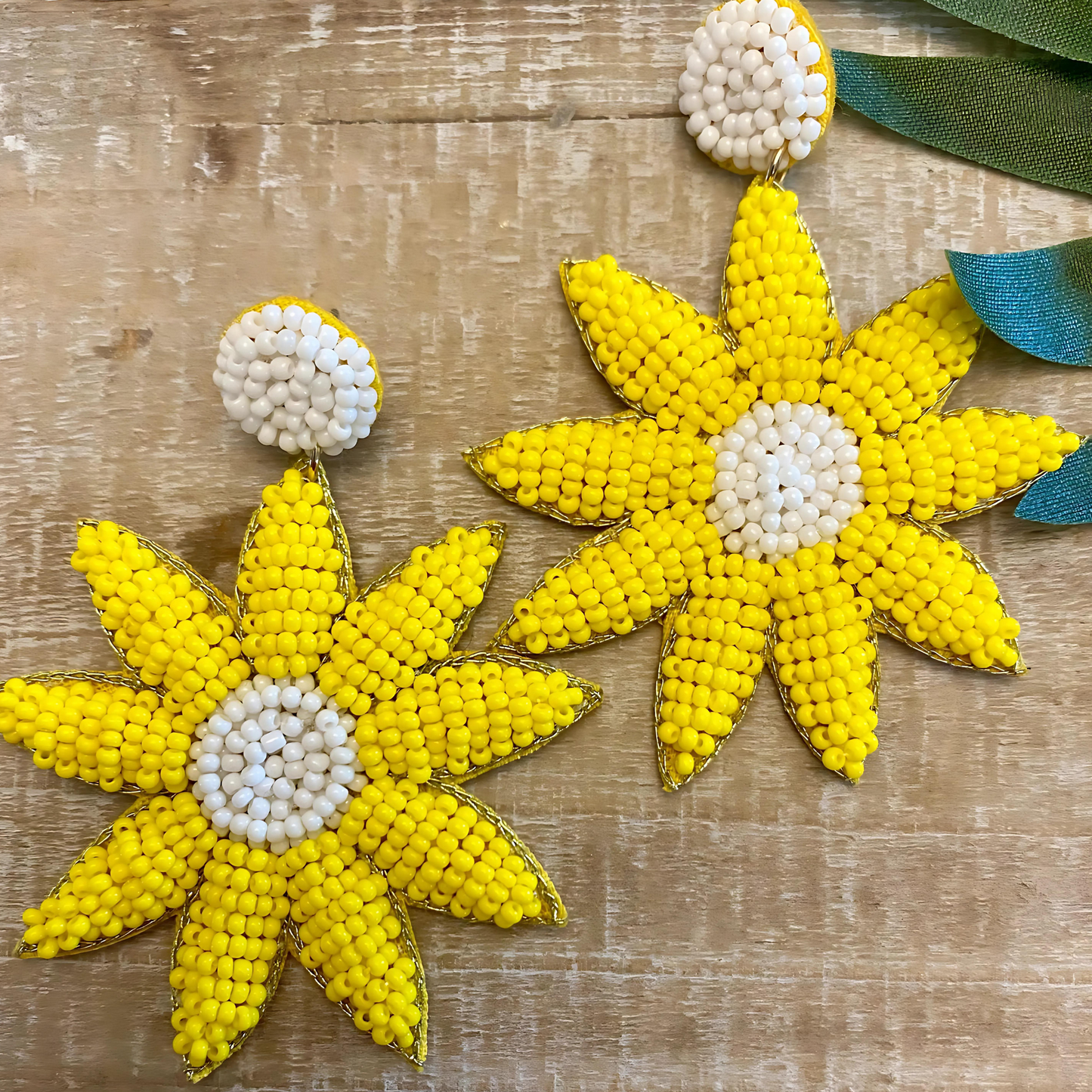 Seed Beaded Yellow White Sunflower Fall Earrings