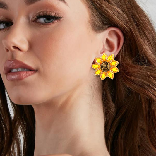 Sunflower Seed Beaded Floral Boho Stud Earrings
