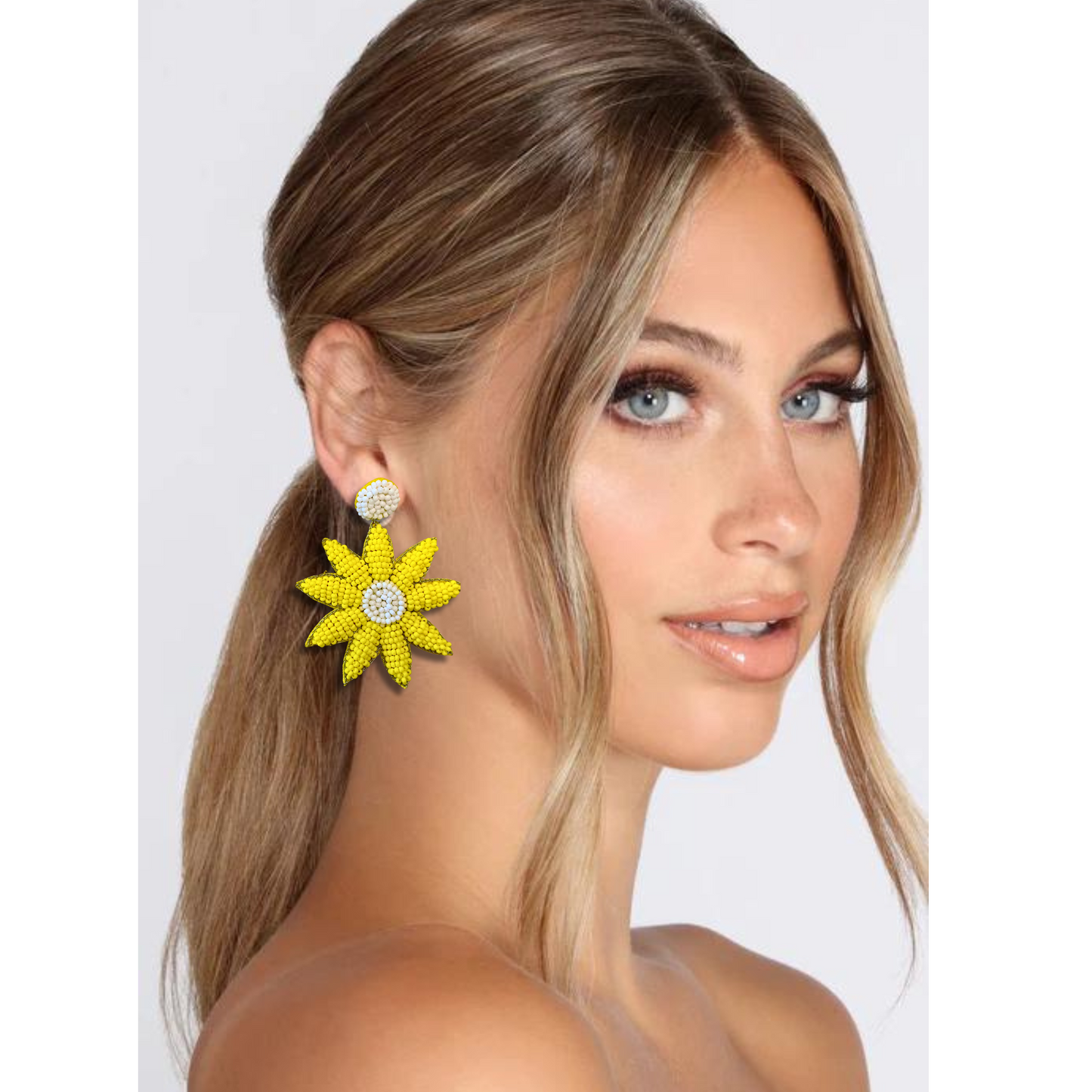 Seed Beaded Yellow White Sunflower Fall Earrings