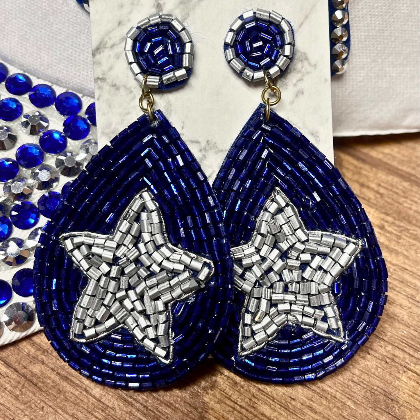 Blue Silver Star Glass Beaded Teardrop Earrings