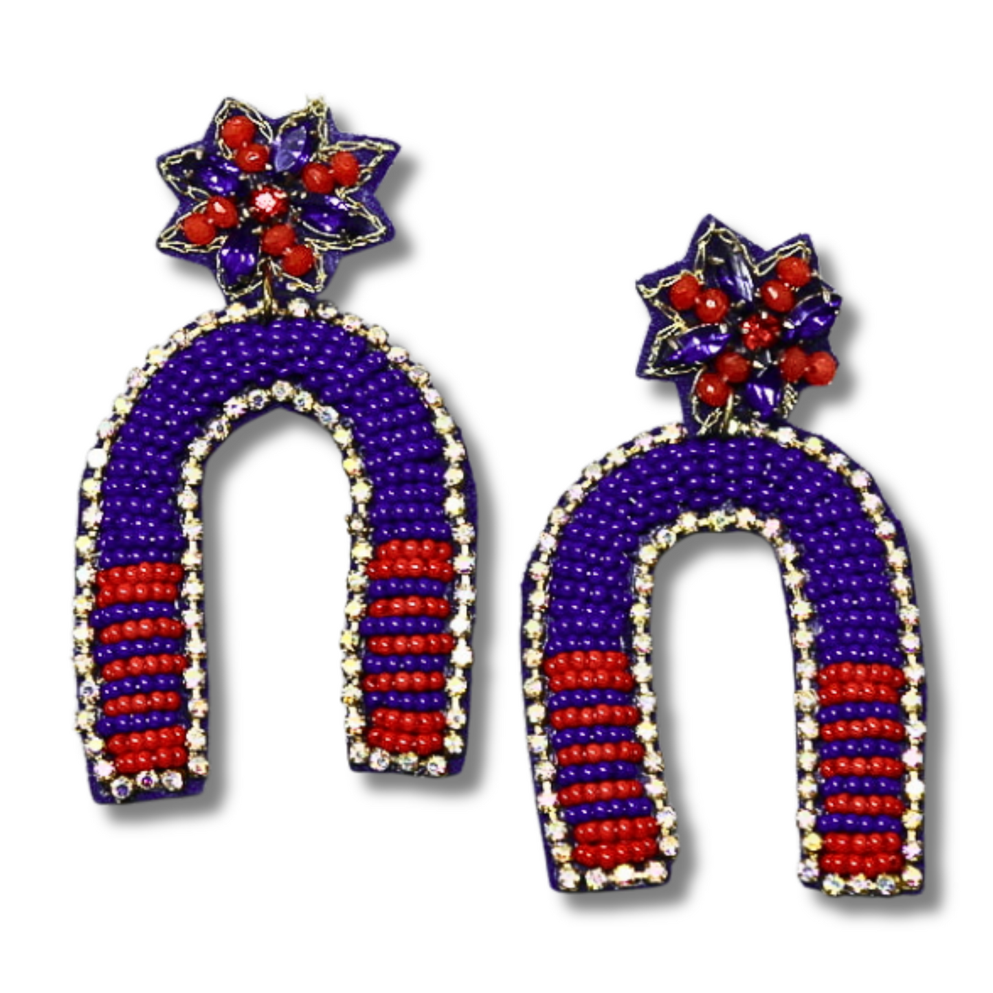 Red Blue Football Team Colors Beaded Goal Post Rhinestone Earrings