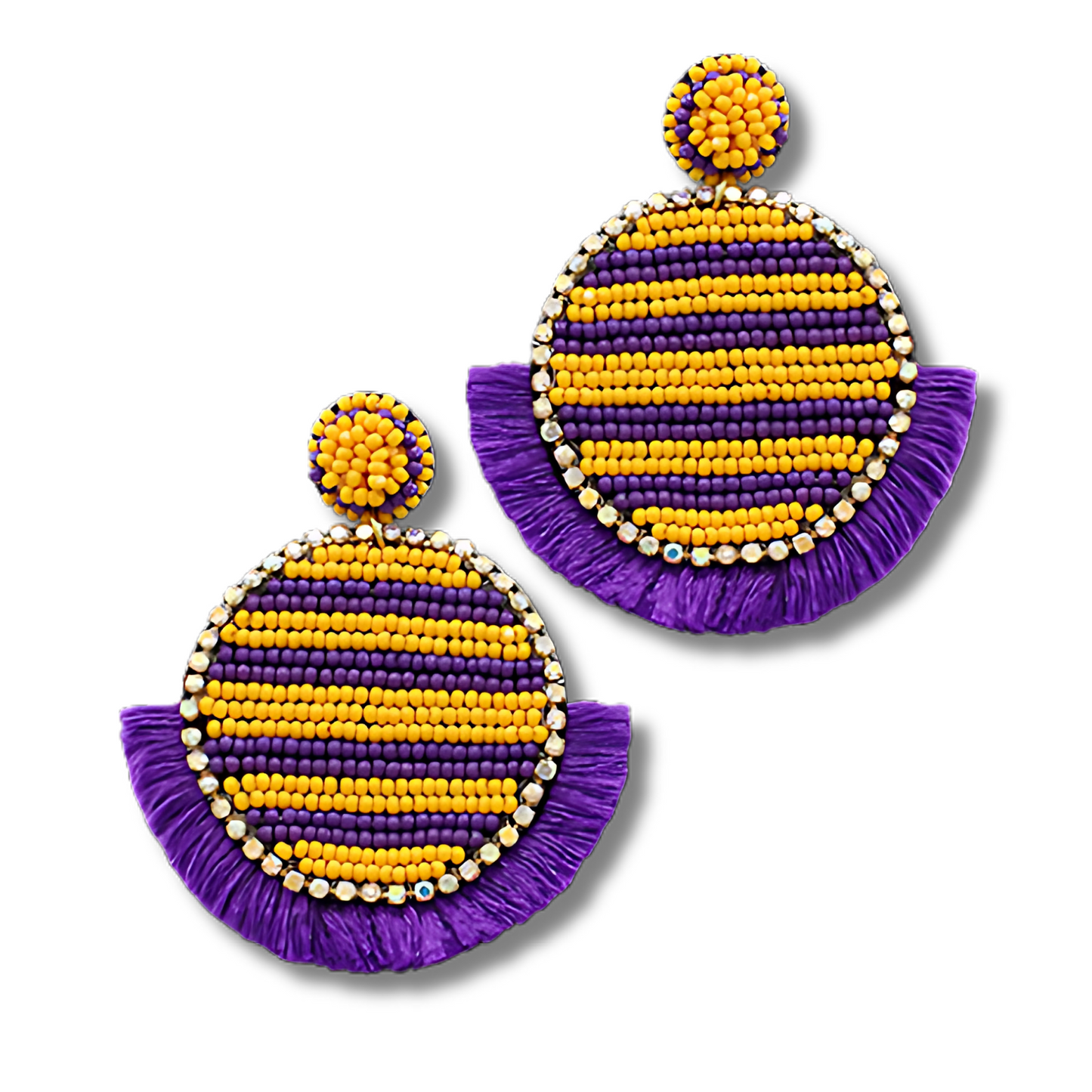 LSU Football Round Fringe Beaded Rhinestone Earrings
