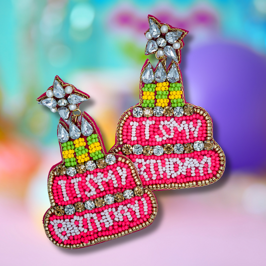 IT'S MY BIRTHDAY Layer Cake Celebration Beaded Rhinestone Earrings