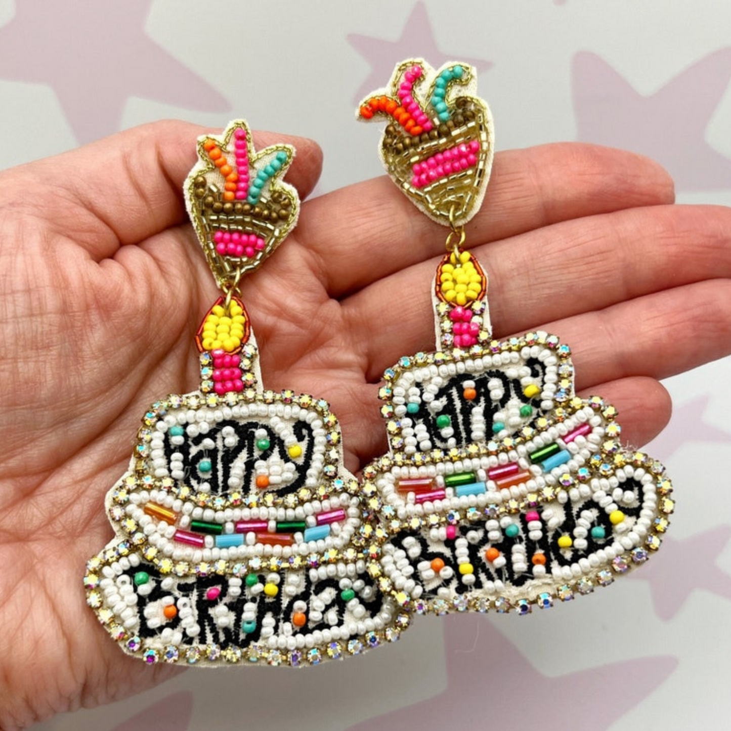 BIRTHDAY Layer Cake Celebration Beaded Rhinestone Earrings