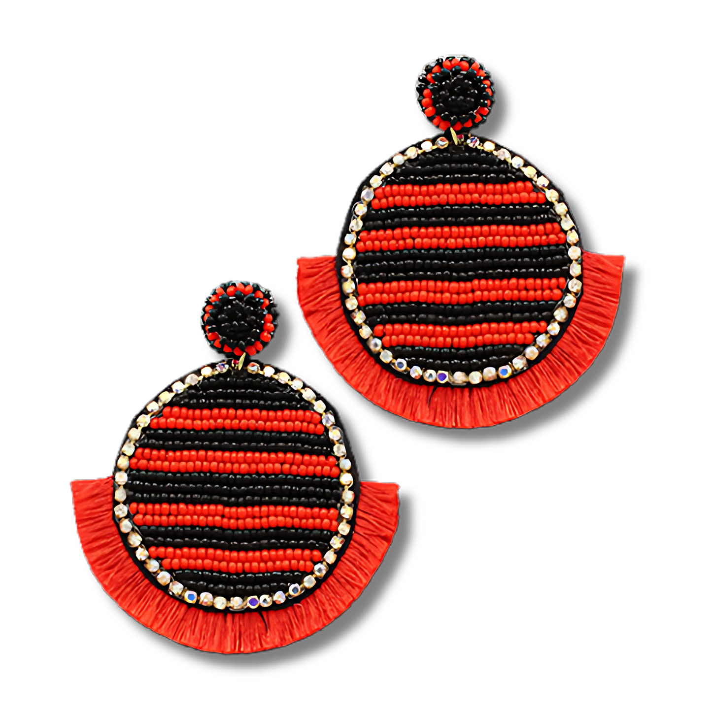 Georgia Bulldogs Football Round Fringe Beaded Rhinestone Earrings