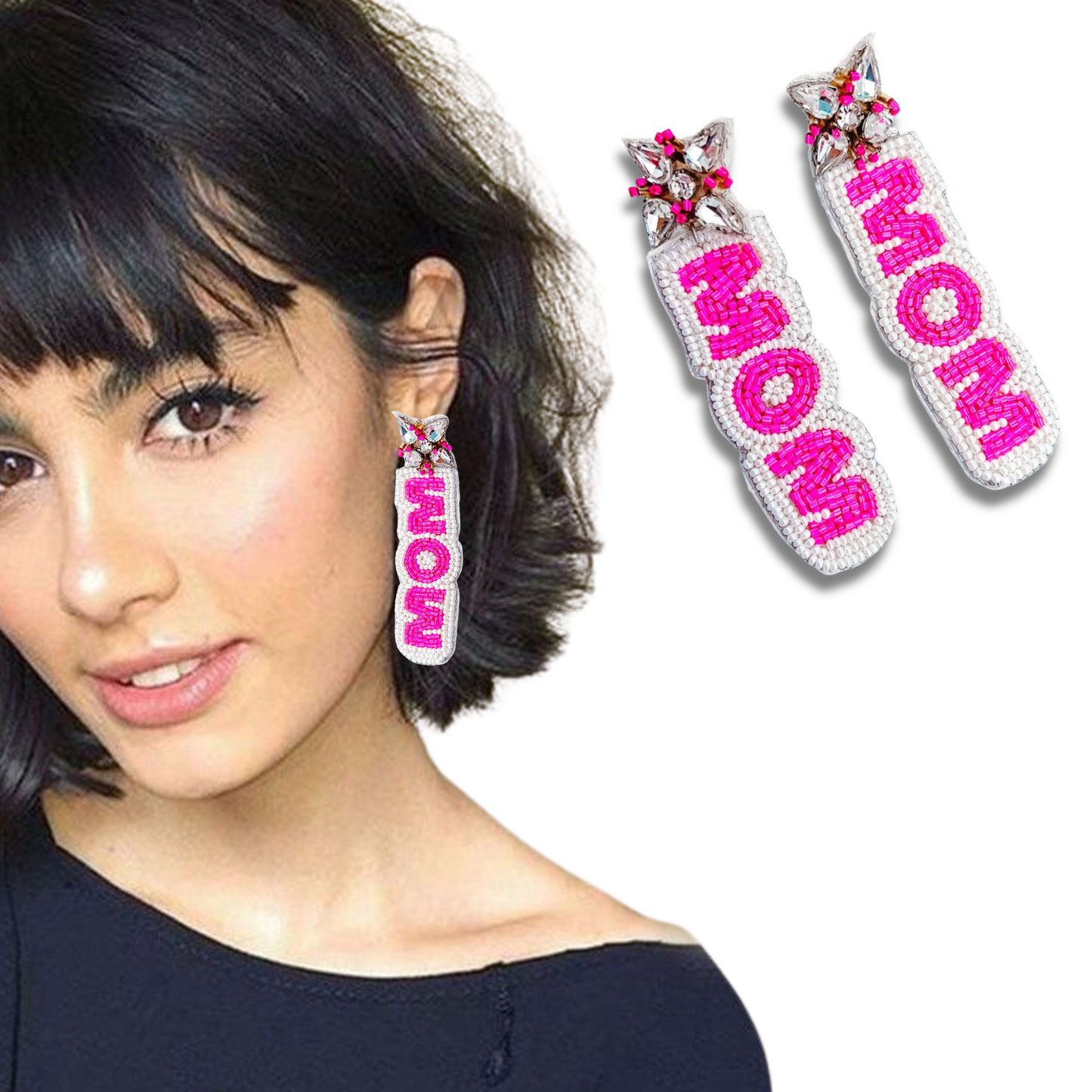 Hot Pink Cool MOM Seed Beaded Crystal Earrings