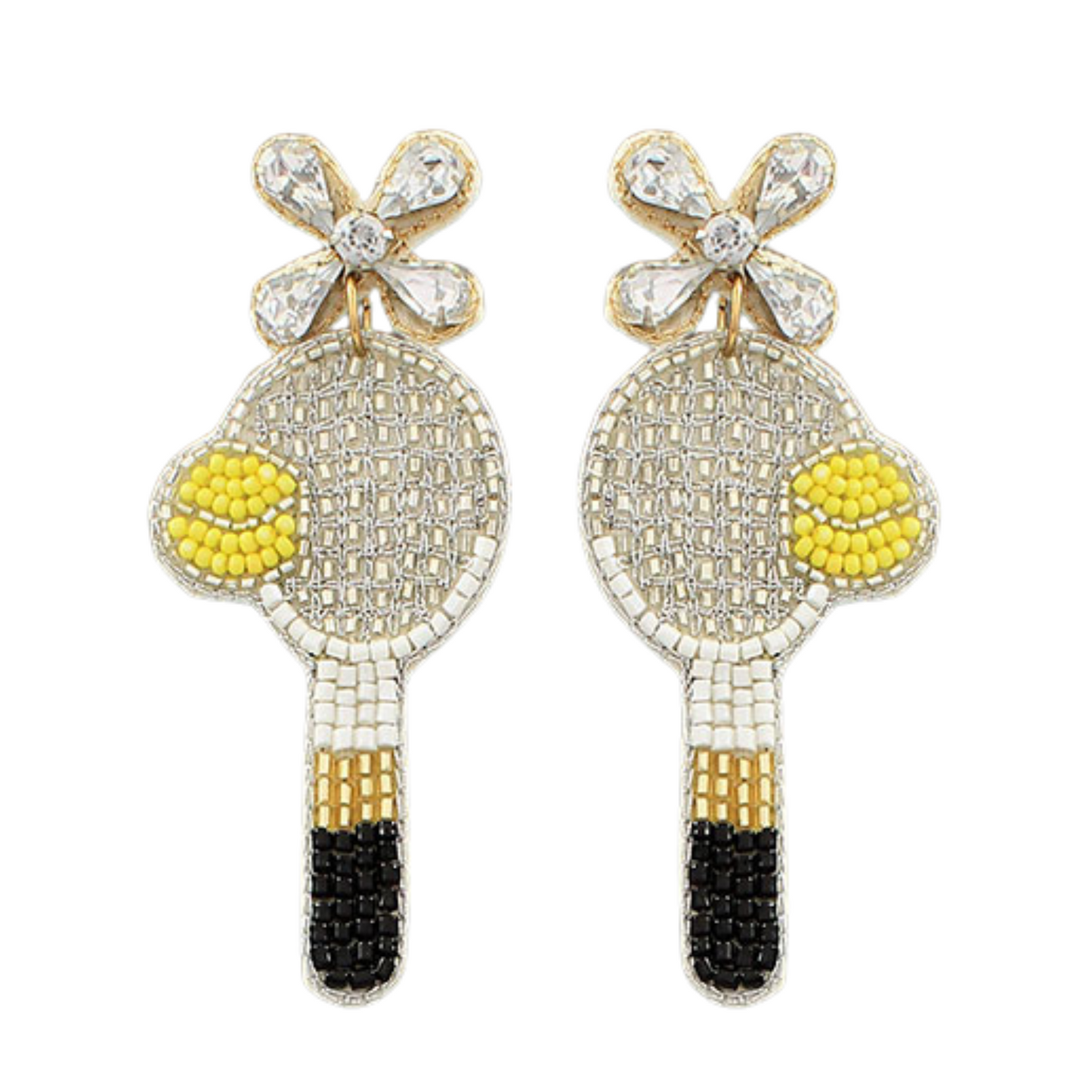 TENNIS Silver Black Beaded Crystal Racket Earrings