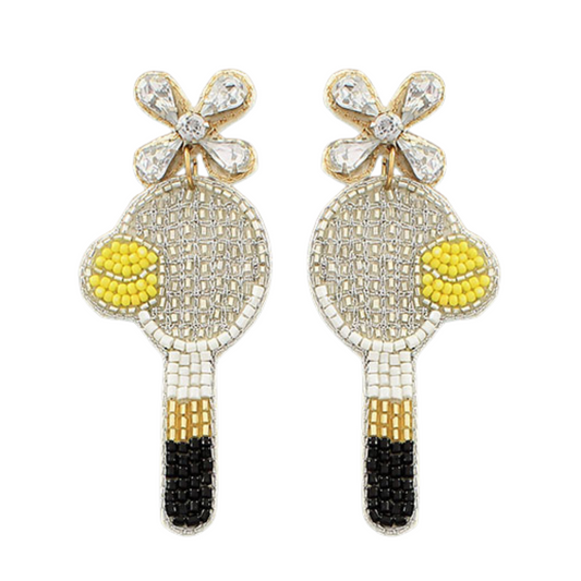 TENNIS Theme Silver Black Beaded Crystal Racket Earrings